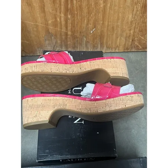 Lauren Ralph Lauren Platform Slide Sandals Roxanne Sz 8 Pink Croc