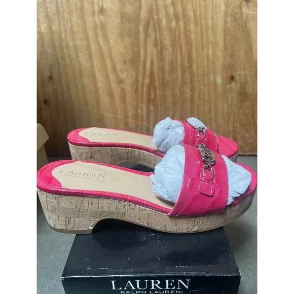 Lauren Ralph Lauren Platform Slide Sandals Roxanne Sz 8 Pink Croc