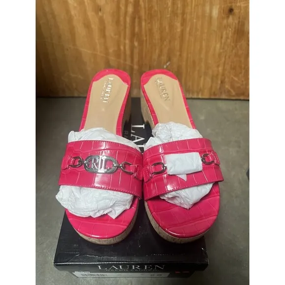 Lauren Ralph Lauren Platform Slide Sandals Roxanne Sz 8 Pink Croc