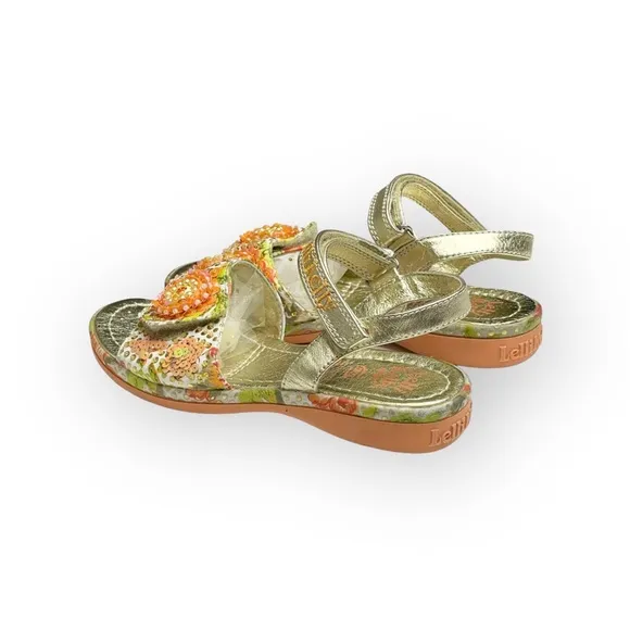 Lelli Kelly ✿ Beaded Floral Ankle Strap Sandals ✿ Orange   Metallic Gold ✿ 34 2M