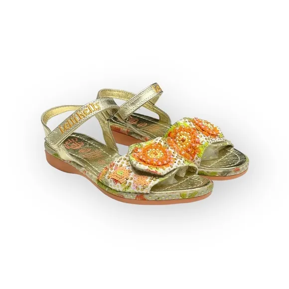 Lelli Kelly ✿ Beaded Floral Ankle Strap Sandals ✿ Orange   Metallic Gold ✿ 34 2M