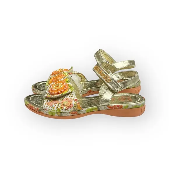 Lelli Kelly ✿ Beaded Floral Ankle Strap Sandals ✿ Orange   Metallic Gold ✿ 34 2M