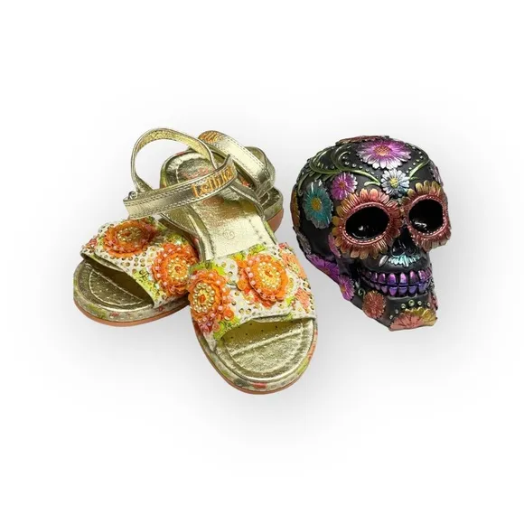 Lelli Kelly ✿ Beaded Floral Ankle Strap Sandals ✿ Orange   Metallic Gold ✿ 34 2M