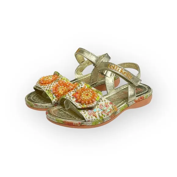 Lelli Kelly ✿ Beaded Floral Ankle Strap Sandals ✿ Orange   Metallic Gold ✿ 34 2M