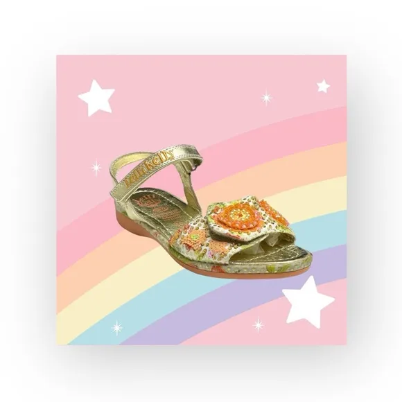 Lelli Kelly ✿ Beaded Floral Ankle Strap Sandals ✿ Orange   Metallic Gold ✿ 34 2M