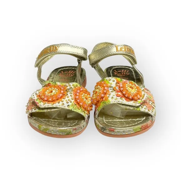 Lelli Kelly ✿ Beaded Floral Ankle Strap Sandals ✿ Orange   Metallic Gold ✿ 34 2M