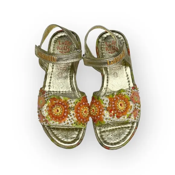 Lelli Kelly ✿ Beaded Floral Ankle Strap Sandals ✿ Orange   Metallic Gold ✿ 34 2M