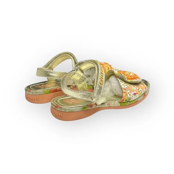 Lelli Kelly ✿ Beaded Floral Ankle Strap Sandals ✿ Orange   Metallic Gold ✿ 34 2M
