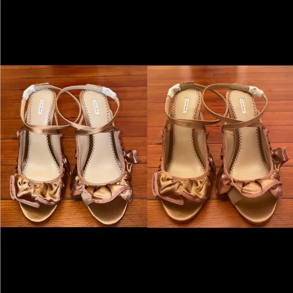 LEON MAX Eclipse Satin Ruffled Heel Sandals in Tan/Beige Size 6 NEW