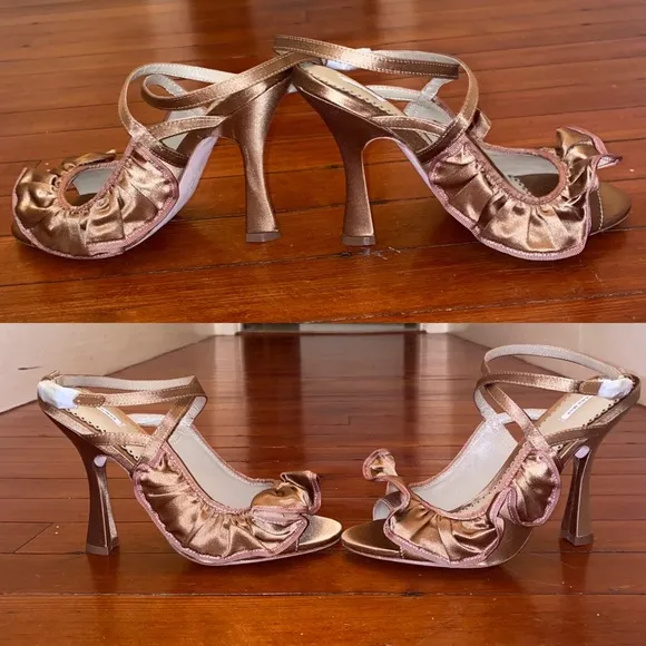 LEON MAX Eclipse Satin Ruffled Heel Sandals in Tan/Beige Size 6 NEW
