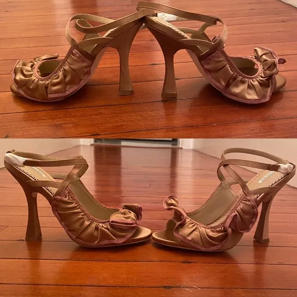 LEON MAX Eclipse Satin Ruffled Heel Sandals in Tan/Beige Size 6 NEW