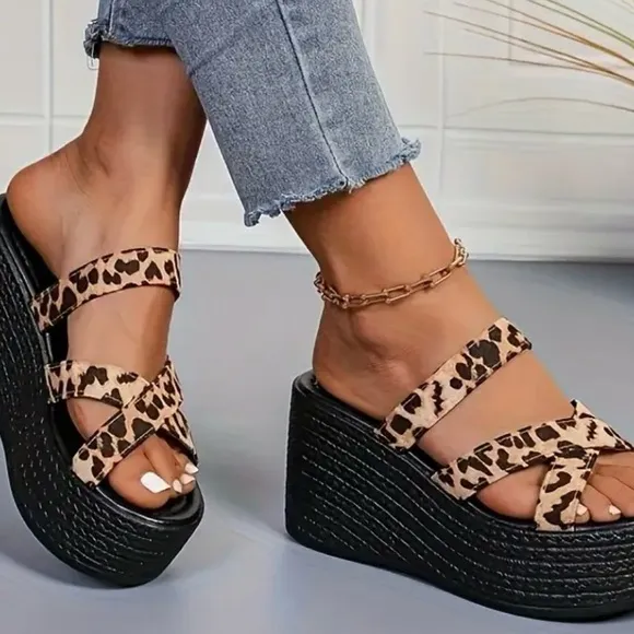Leopard Print Platform Wedge Sandals