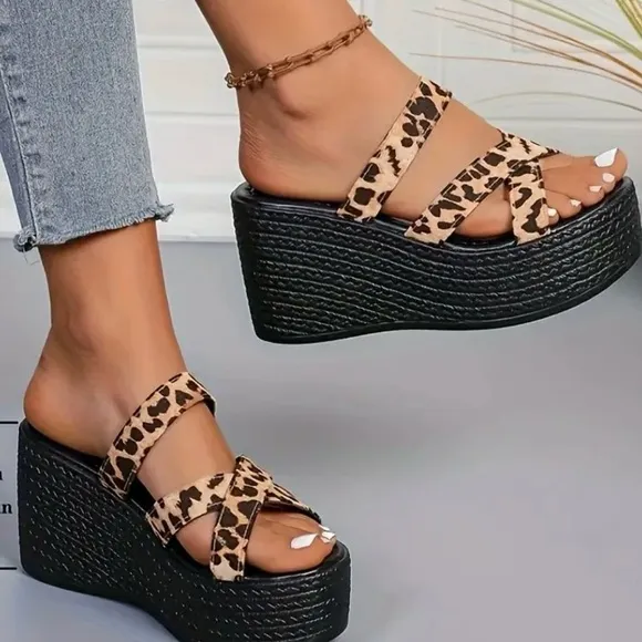 Leopard Print Platform Wedge Sandals
