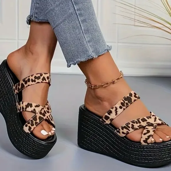 Leopard Print Platform Wedge Sandals