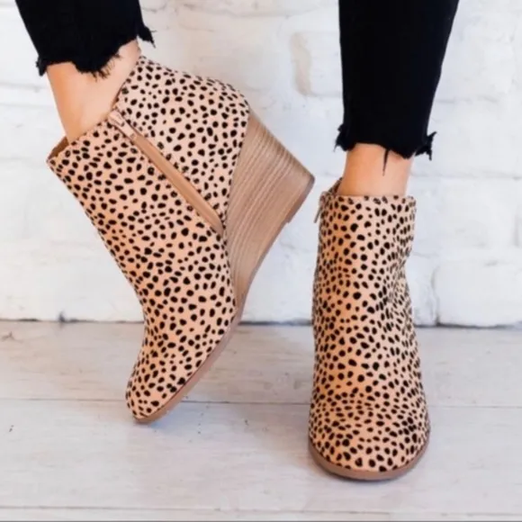 Leopard Print vegan suede zipper Wedge Booties