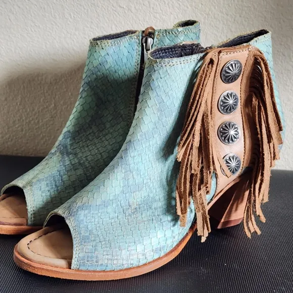 Liberty Black Python Verde Concho Fringe Peep Ankle Booties