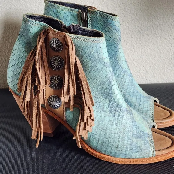 Liberty Black Python Verde Concho Fringe Peep Ankle Booties