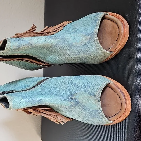 Liberty Black Python Verde Concho Fringe Peep Ankle Booties