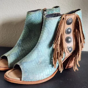 Liberty Black Python Verde Concho Fringe Peep Ankle Booties