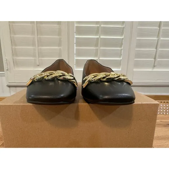 Linea Paolo Natalie Black Flats Size 7 NWOB Gold Chain Detail Unique Heel