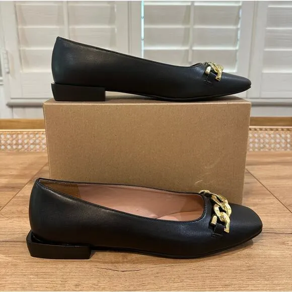 Linea Paolo Natalie Black Flats Size 7 NWOB Gold Chain Detail Unique Heel