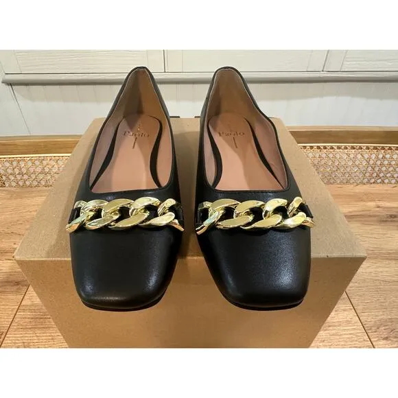 Linea Paolo Natalie Black Flats Size 7 NWOB Gold Chain Detail Unique Heel