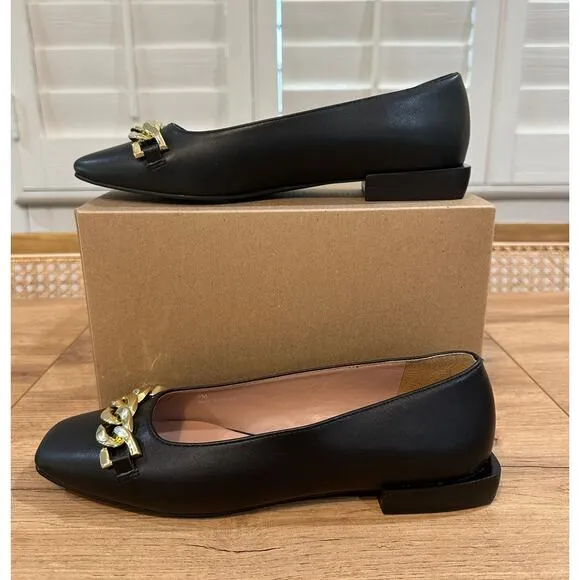 Linea Paolo Natalie Black Flats Size 7 NWOB Gold Chain Detail Unique Heel