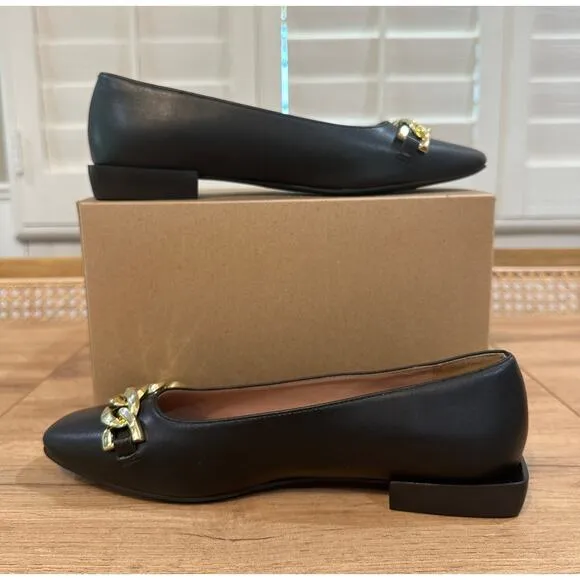 Linea Paolo Natalie Black Flats Size 7 NWOB Gold Chain Detail Unique Heel