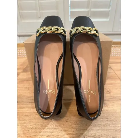 Linea Paolo Natalie Black Flats Size 7 NWOB Gold Chain Detail Unique Heel