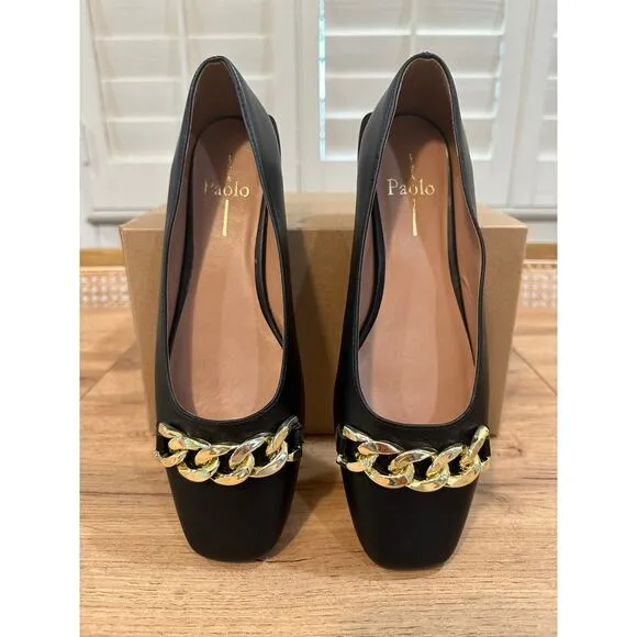 Linea Paolo Natalie Black Flats Size 7 NWOB Gold Chain Detail Unique Heel