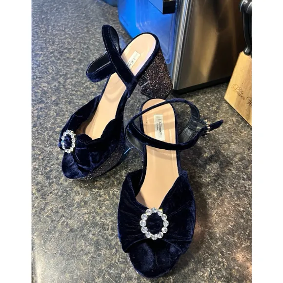 LK Bennett Platform Heels Velvet and Glitter W/ Crystal Buckles