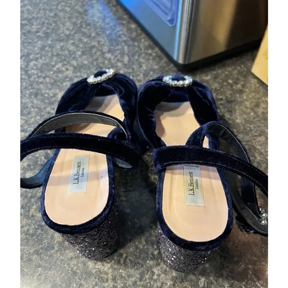 LK Bennett Platform Heels Velvet and Glitter W/ Crystal Buckles