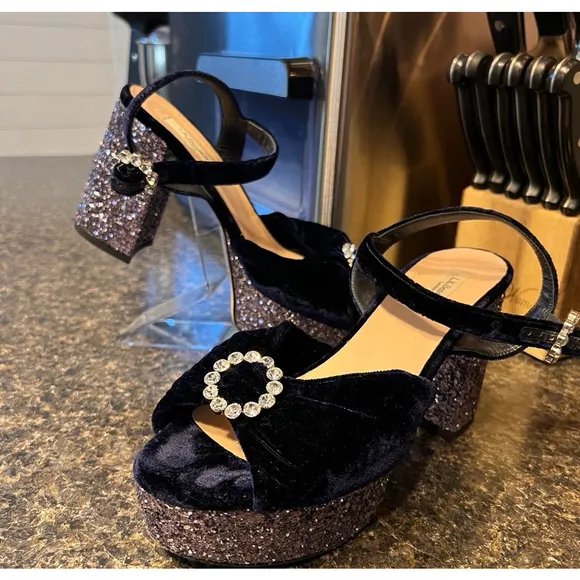 LK Bennett Platform Heels Velvet and Glitter W/ Crystal Buckles