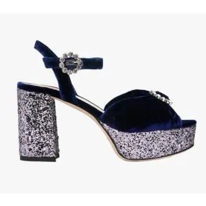 LK Bennett Platform Heels Velvet and Glitter W/ Crystal Buckles