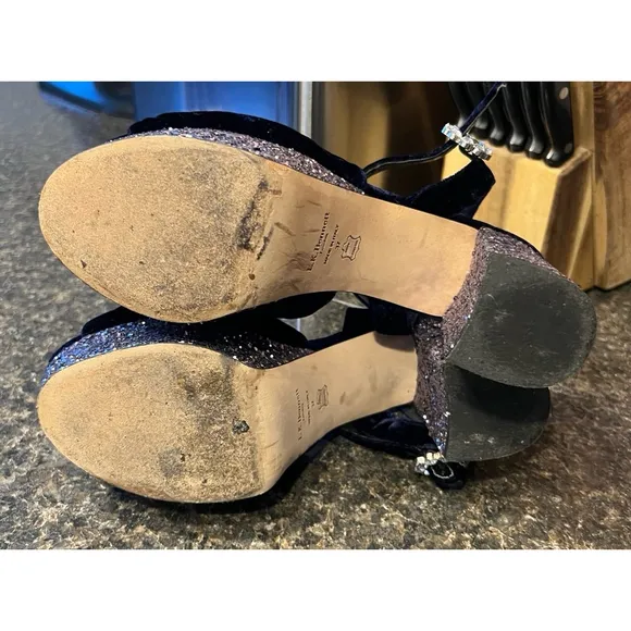 LK Bennett Platform Heels Velvet and Glitter W/ Crystal Buckles