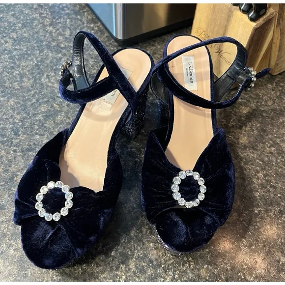 LK Bennett Platform Heels Velvet and Glitter W/ Crystal Buckles