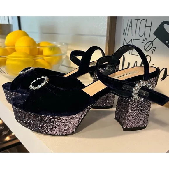 LK Bennett Platform Heels Velvet and Glitter W/ Crystal Buckles