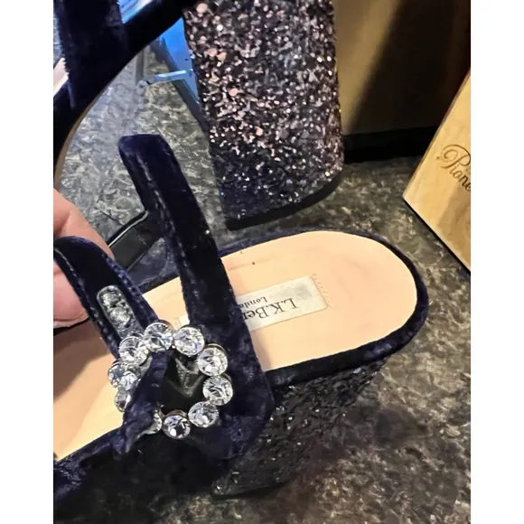 LK Bennett Platform Heels Velvet and Glitter W/ Crystal Buckles