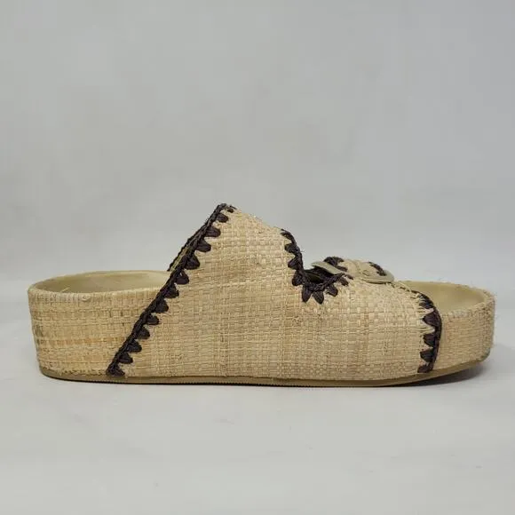 Loeffler Randall Sandals Womens 8 Tan Theo Platform Raffia Embroidered Boho