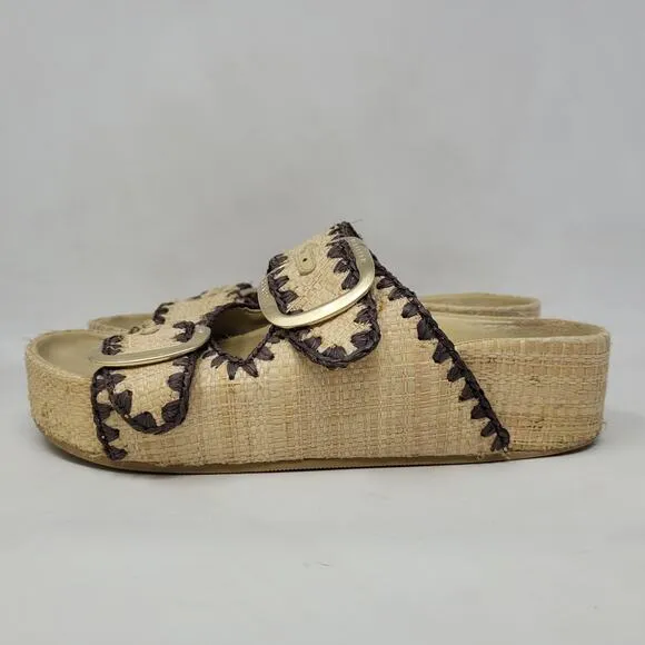 Loeffler Randall Sandals Womens 8 Tan Theo Platform Raffia Embroidered Boho