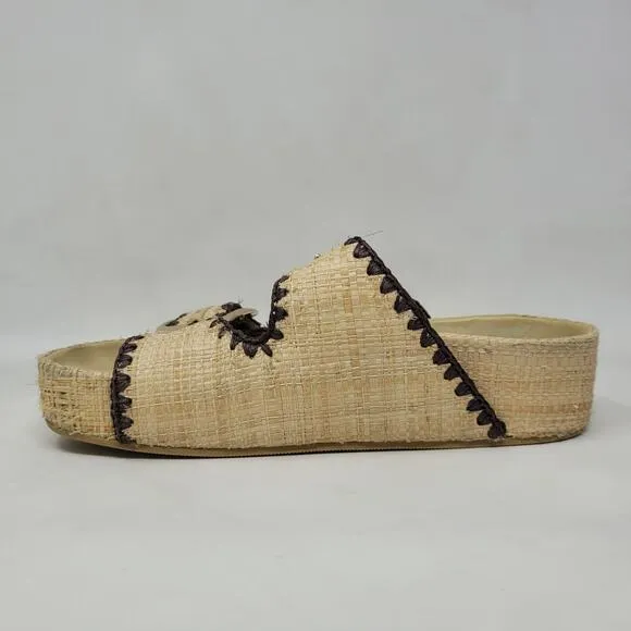Loeffler Randall Sandals Womens 8 Tan Theo Platform Raffia Embroidered Boho