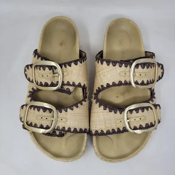 Loeffler Randall Sandals Womens 8 Tan Theo Platform Raffia Embroidered Boho