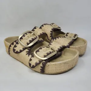 Loeffler Randall Sandals Womens 8 Tan Theo Platform Raffia Embroidered Boho