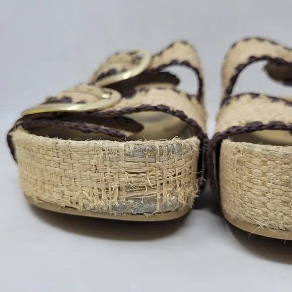 Loeffler Randall Sandals Womens 8 Tan Theo Platform Raffia Embroidered Boho