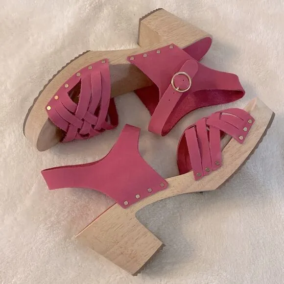 LOFT Pink Woven Leather Wooden Heel Clog Sandals
