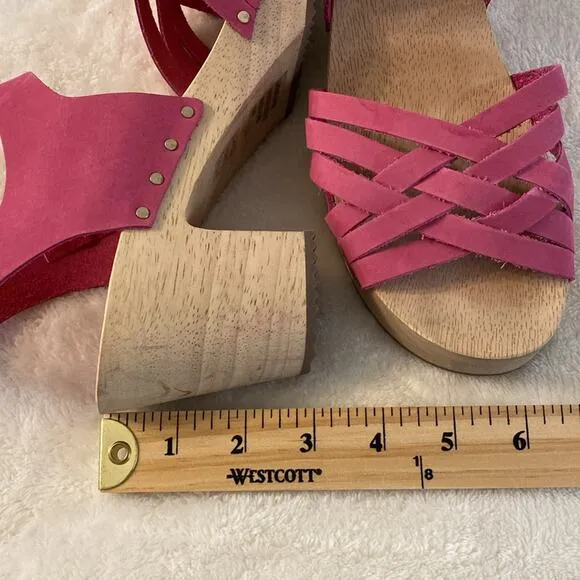 LOFT Pink Woven Leather Wooden Heel Clog Sandals