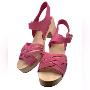 LOFT Pink Woven Leather Wooden Heel Clog Sandals