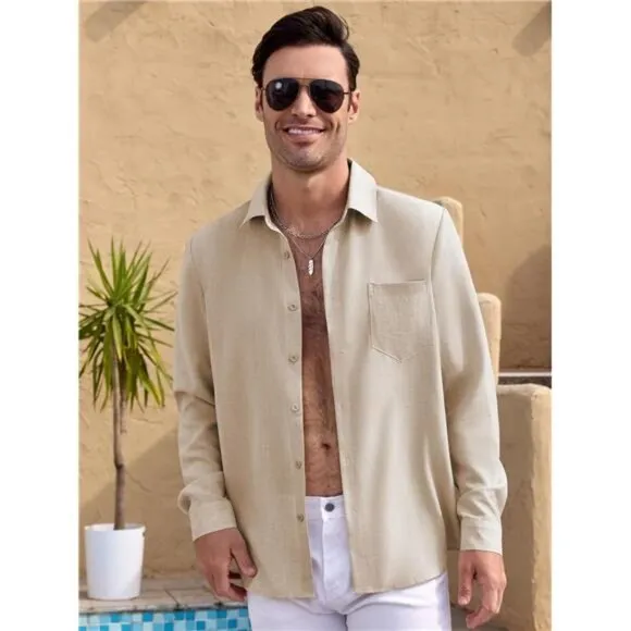 Long Sleeve Shirts for Men Button Down Shirt Linen Collared Dress Shirt