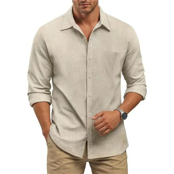 Long Sleeve Shirts for Men Button Down Shirt Linen Collared Dress Shirt