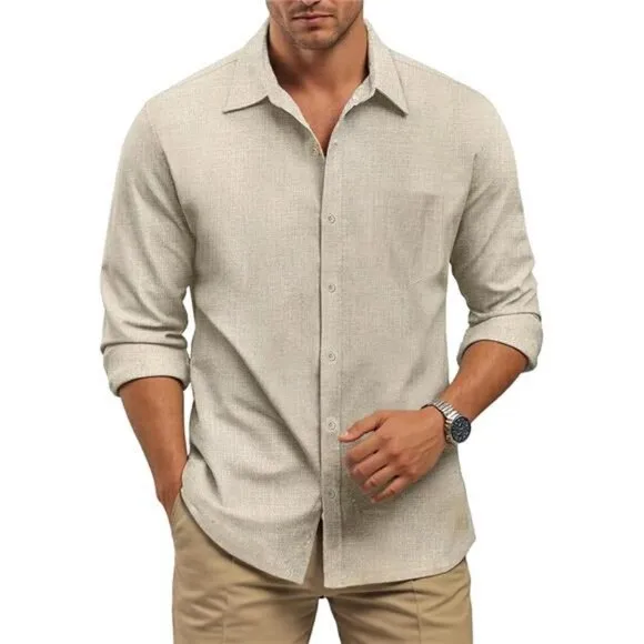 Long Sleeve Shirts for Men Button Down Shirt Linen Collared Dress Shirt